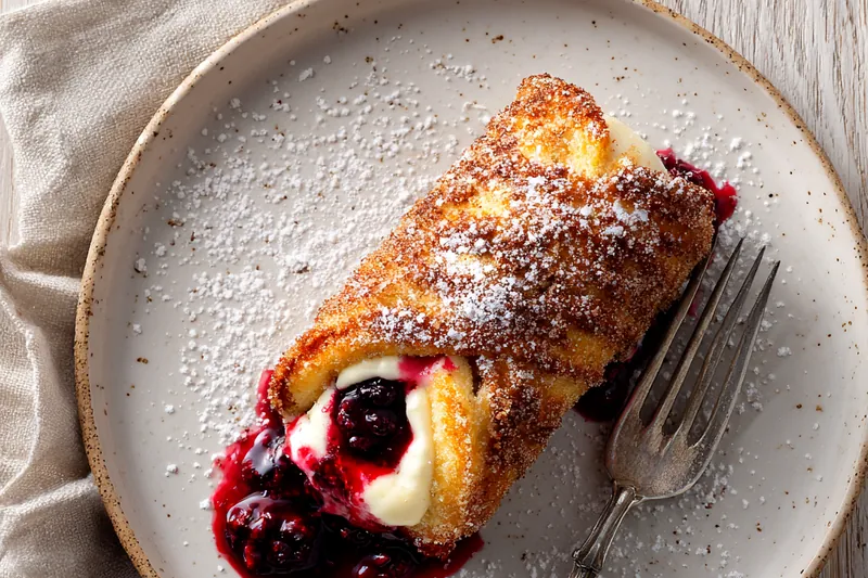 Flat lay of French toast roll-up ingredients including flattened white bread, cream cheese in a bowl, mixed berries, beaten eggs with milk, cinnamon sugar mixture, butter, and vanilla extract arranged on a white marble surface
