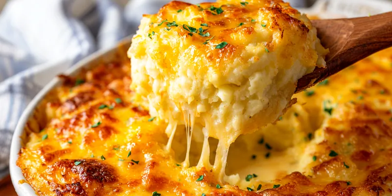 Golden-brown baked mashed potatoes in an oval dish with crispy cheese crust and fresh chive garnish