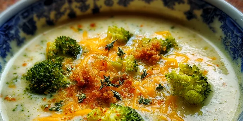Steaming bowl of creamy broccoli and cheese potato soup garnished with fresh herbs and served with crusty bread on a rustic wooden table