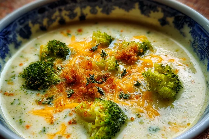 Fresh ingredients laid out including diced potatoes, bright green broccoli florets, shredded sharp cheddar cheese, cream cheese, and aromatic vegetables