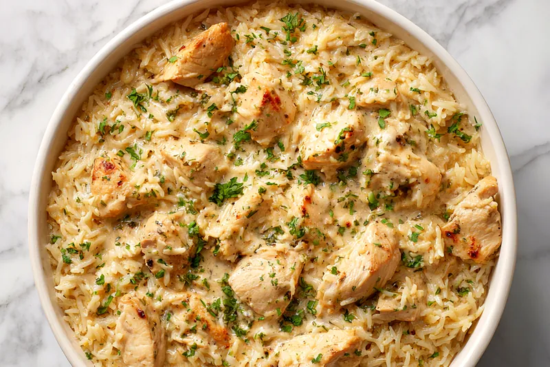 Cooking creamy chicken and rice in a skillet