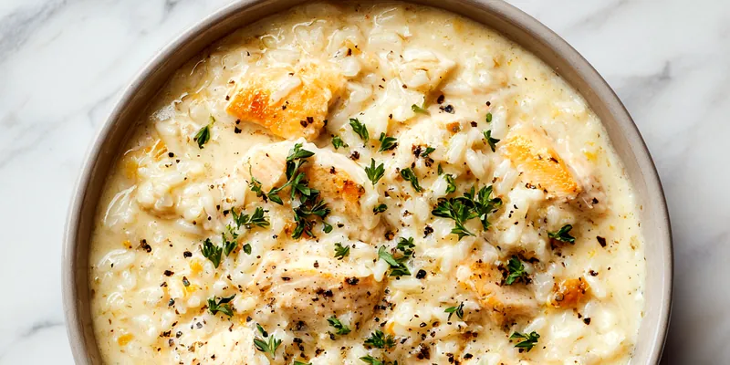 Delicious creamy chicken and rice plated in a bowl