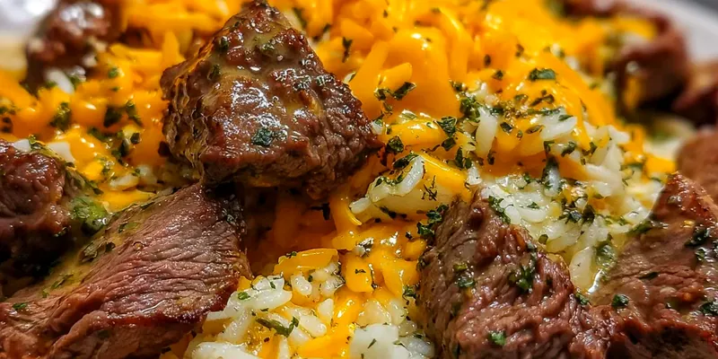 Creamy garlic butter beef and cheddar rice in a large skillet, topped with melted cheese, fresh parsley, and green onions, steam rising from the golden-brown surface