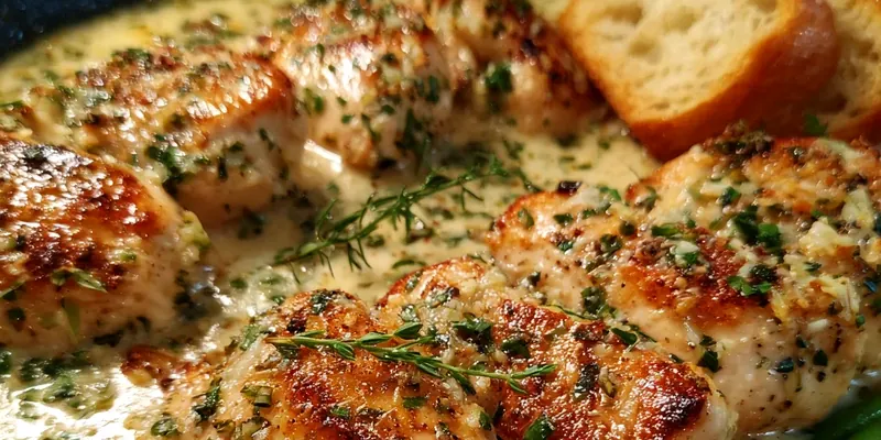 Golden seared chicken breasts covered in rich, creamy garlic parmesan sauce in a cast iron skillet, garnished with fresh parsley and grated cheese
