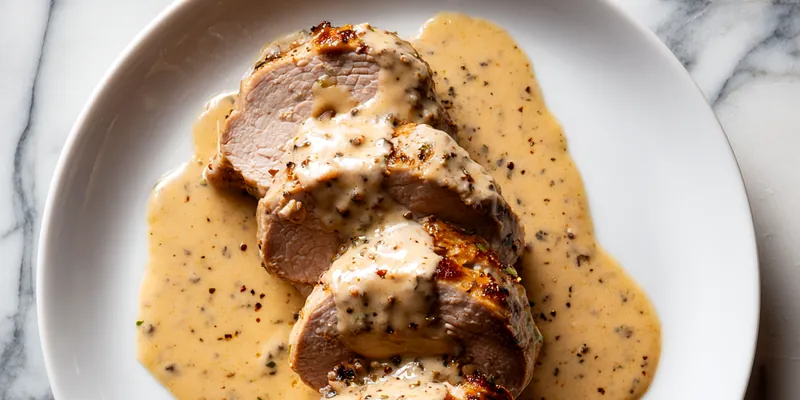 Sliced pork tenderloin medallions with golden-brown peppercorn crust on white plate, draped with creamy beige peppercorn sauce, garnished with fresh thyme on marble surface