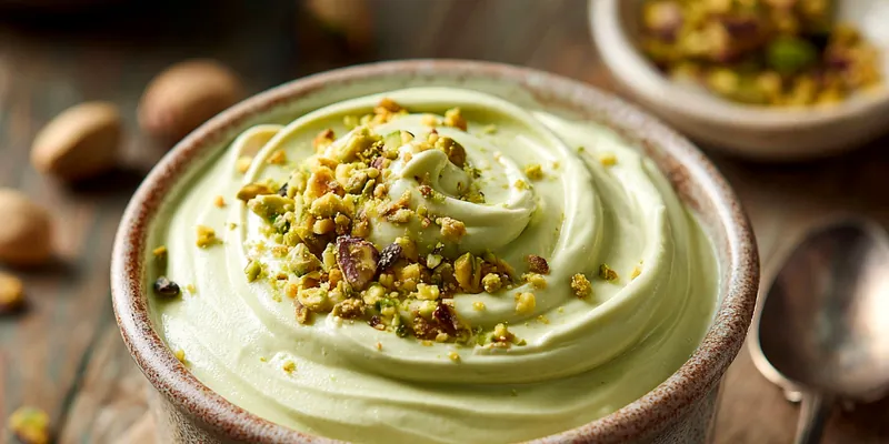 Pistachio mousse in a white ramekin topped with crushed pistachios, set on a rustic wooden table with a silver spoon beside it.