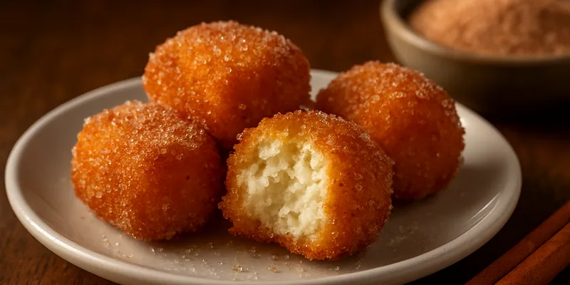Golden-brown angel food cake churro bites stacked in a pyramid on a white plate, heavily coated with sparkling cinnamon sugar, photographed against a warm wooden background