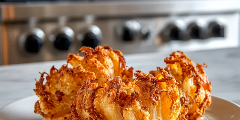 Three golden-brown crispy blooming onions with dramatically opened petals arranged on a white plate, sitting on a creamy herb dipping sauce, photographed on a marble countertop with a professional kitchen range visible in the soft-focus background