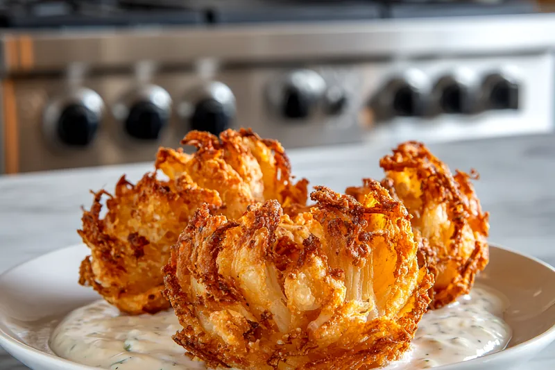 Overhead view of all ingredients for blooming onions arranged on a white marble surface: two large whole sweet onions, small bowls of flour, paprika, spices, beaten eggs in a bowl, buttermilk in a measuring cup, and fresh herbs for the dipping sauce