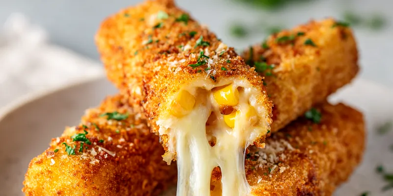 Golden brown crispy corn sticks arranged on wooden board with one cut open showing melted cheese, garnished with parsley and served with ketchup