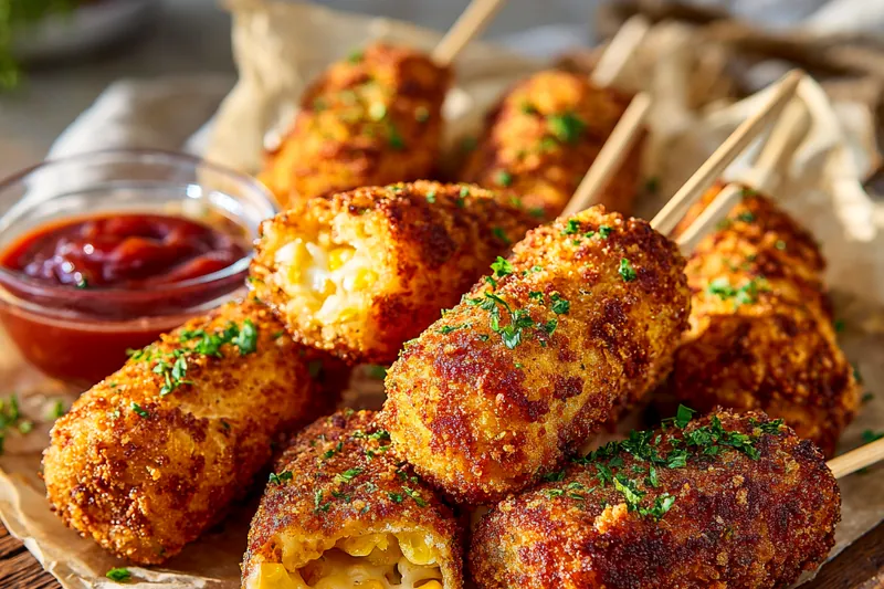 Flat lay of corn stick ingredients including corn kernels in glass bowl, shredded mozzarella cheese, cream cheese, flour, breadcrumbs, eggs, and spices arranged on white marble surface