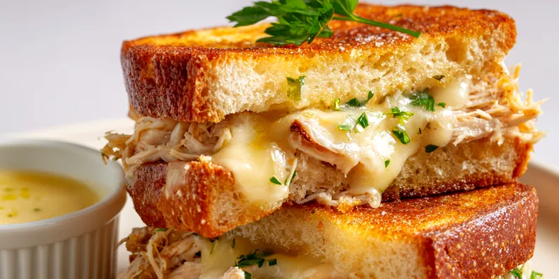 Golden-brown Chicken Garlic Sandwich cut in half showing layers of tender shredded chicken, melted cheese, and fresh parsley between crispy toasted bread on a wooden cutting board