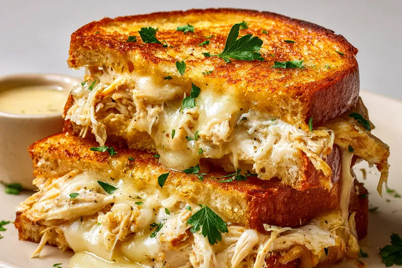 Overhead view of Chicken Garlic Sandwich ingredients including shredded chicken, minced garlic, melted butter, fresh herbs, and sliced bread arranged on a white marble surface with small glass bowls
