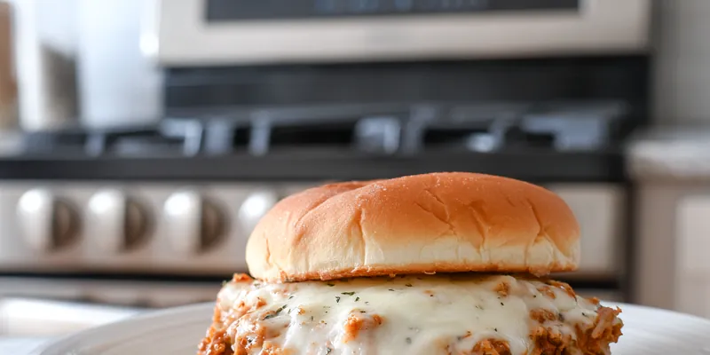 Golden crispy chicken parmesan slider on a white plate with melted mozzarella cheese dripping down the sides, fresh basil garnish, set against a modern kitchen with stainless steel appliances in soft focus