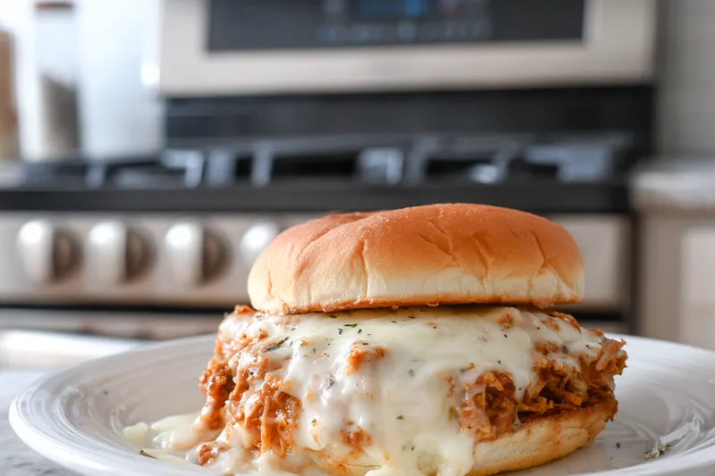 Overhead view of breading station with three white bowls containing flour, beaten eggs, and seasoned breadcrumbs, raw chicken breast pieces on cutting board, measuring cups with Parmesan cheese and spices nearby