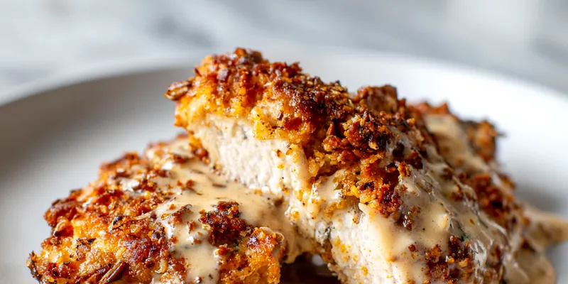 Close-up of sliced crispy cornflake crusted chicken breast on a white ceramic plate, showing golden-brown crunchy coating and juicy interior, generously drizzled with creamy herb sauce with visible flecks of fresh parsley and dill