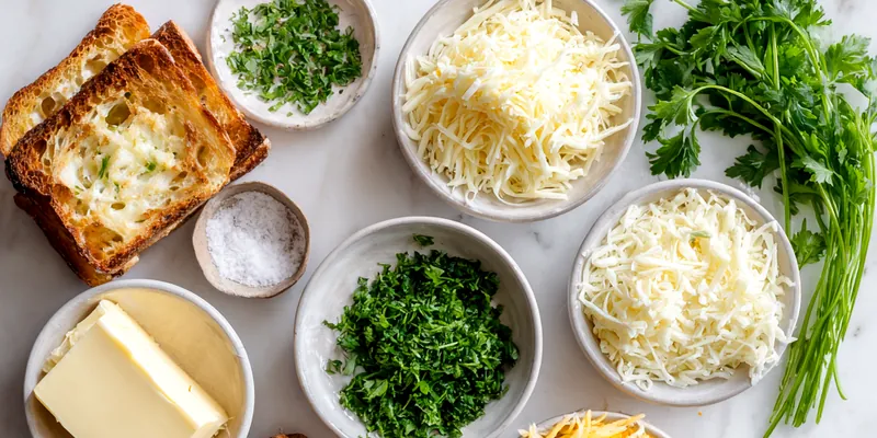 Golden-brown garlic Parmesan Texas toast slices arranged on a white platter, showing crispy cheese-crusted tops with fresh parsley, and a bowl of marinara dipping sauce in the background