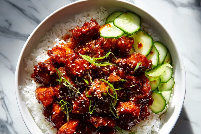 Action shot of crispy golden-brown General Tso's chicken pieces being tossed in a hot wok with glossy dark sauce, steam rising, with visible garlic pieces, dried red chilies, and sauce bubbling, chef's hand holding wok handle, side view showing the coating of sauce over the chicken on dark background