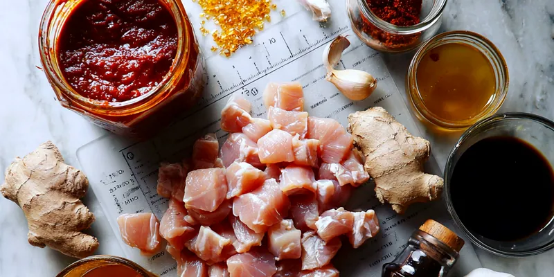 Close-up of glossy General Tso's chicken with deep mahogany sauce coating crispy chicken pieces, served over fluffy white jasmine rice with fresh cucumber slices arranged on the side, garnished with toasted sesame seeds and red pepper flakes in a white ceramic bowl on a light gray marble surface