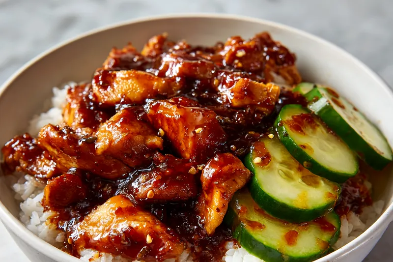 Overhead view of General Tso's chicken ingredients neatly organized: bowl of cornstarch, raw chicken thigh pieces on cutting board, small bowls of soy sauce, hoisin sauce, rice vinegar, brown sugar, minced garlic and grated ginger, dried red chilies, beaten eggs in a shallow dish, and sesame oil bottle on white marble counter
