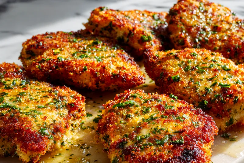The process of breading chicken with Parmesan and herbs, showcasing the crispy coating before baking.