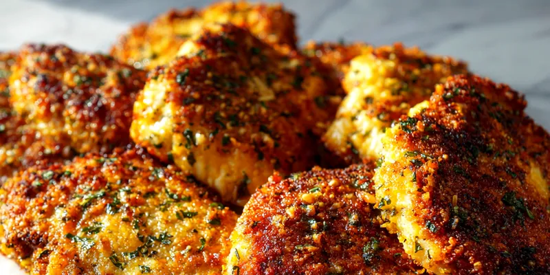 A beautifully plated crispy Parmesan-crusted chicken garnished with herbs and lemon wedges, served on a rustic wooden table.