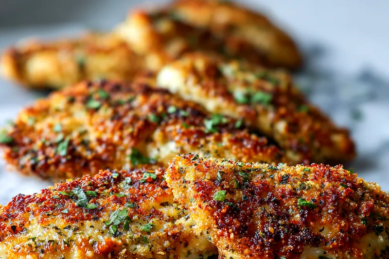 A collection of fresh herbs, Parmesan cheese, and chicken breasts ready for cooking.
