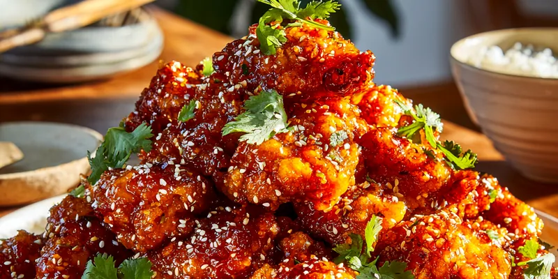 Golden crispy orange chicken pieces stacked on a white platter, coated in glossy amber orange glaze with sesame seeds and cilantro garnish
