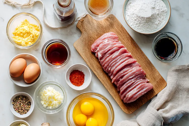 Golden brown pork strips frying in hot oil in a large skillet, showing the crispy coating and bubbling oil