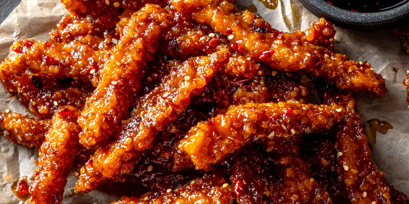 Pile of crispy golden-brown pork strips with glossy sweet and spicy glaze on parchment paper with dipping sauce