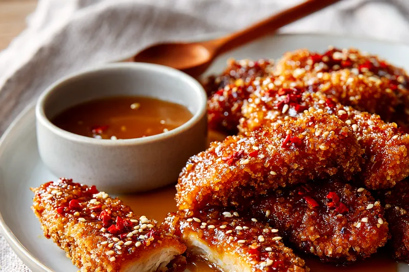 Flat lay of raw pork tenderloin strips on cutting board surrounded by small bowls of flour, cornstarch, beaten eggs, and sauce ingredients including honey, soy sauce, garlic, and ginger