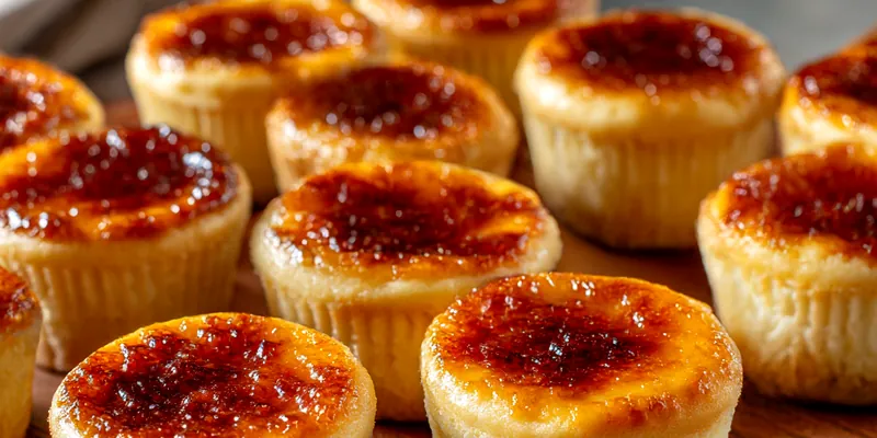 Close-up of golden crème brûlée cheesecake cupcakes with caramelized sugar tops, showing the creamy white cheesecake filling inside moist vanilla cupcakes
