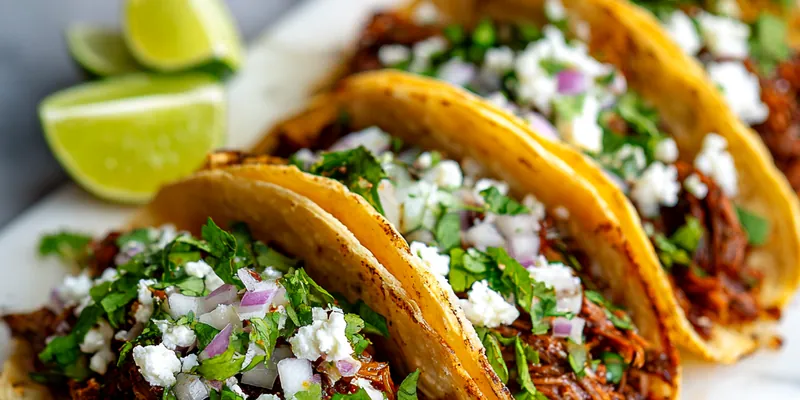 Deliciously plated birria tacos with fresh toppings