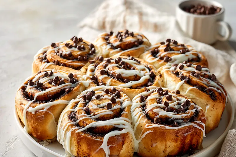Single chocolate cinnamon roll on white plate showing spiral layers with chocolate filling, topped with cream cheese frosting and chocolate chips, with fork beside it