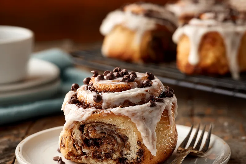 Organized baking ingredients on marble surface including flour, chocolate chips, cocoa powder, eggs, butter, milk, and spices in white bowls and measuring cups