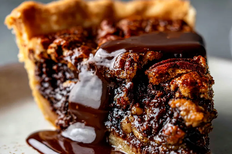 Process shot showing hands pouring dark, glossy pecan filling over a chocolate layer in an unbaked pie crust, with whole pecan halves arranged on a cutting board nearby ready for topping