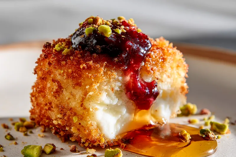 Action shot showing golden breaded brie wheel being lowered into bubbling hot oil in heavy pot using slotted spoon, with thermometer showing 350°F, breadcrumbs sizzling as they hit the oil, shallow depth of field focusing on the cheese