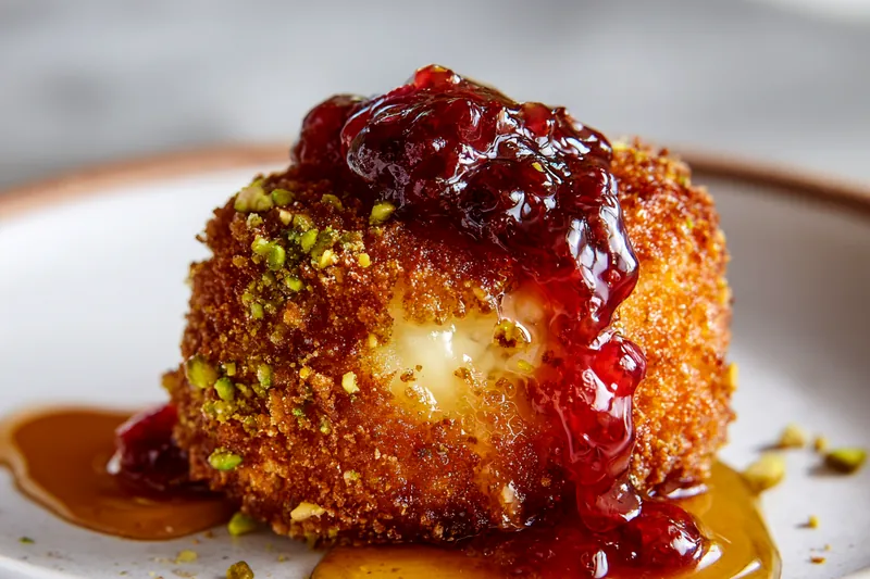 Overhead shot of ingredients arranged on marble surface including whole brie wheel, small bowls of panko breadcrumbs, crushed pistachios, flour, beaten eggs, jar of cranberry sauce, honey bottle, fresh orange with zester, and fresh thyme sprigs