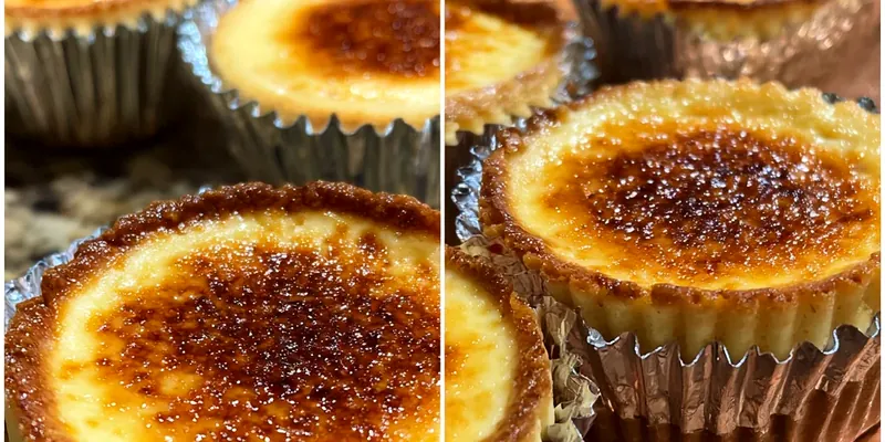 Twelve golden vanilla bean crème brûlée cheesecake cupcakes arranged on white marble, each topped with perfectly caramelized sugar and garnished with vanilla bean pods