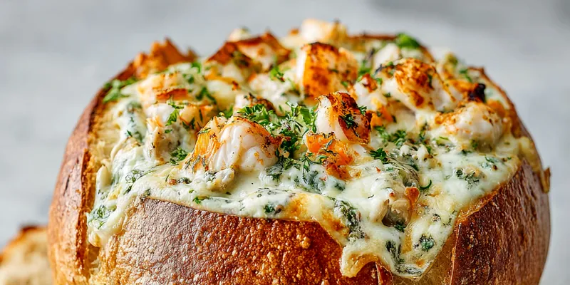 A delicious stuffed seafood bread bowl fresh out of the oven.