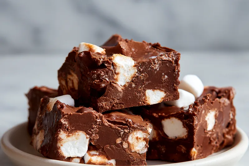 Overhead view of measured ingredients for chocolate fudge including chocolate chips in a bowl, sweetened condensed milk in a glass measuring cup, butter, vanilla extract, salt, and mini marshmallows arranged on a marble counter