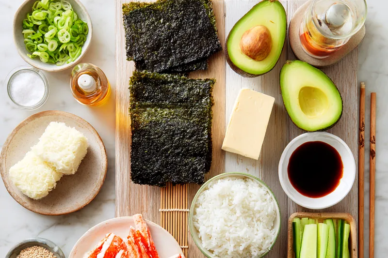 Close-up of hands using a bamboo mat to roll a dragon sushi roll, showing the rice-covered nori sheet being rolled over the crab and cucumber filling