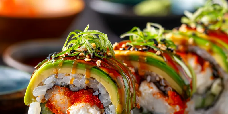 Beautifully arranged dragon sushi rolls on a white rectangular plate, showing avocado scales pattern with eel sauce and spicy mayo drizzle, garnished with sesame seeds and green onions