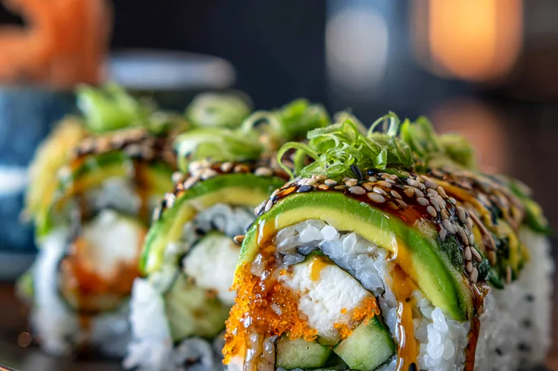 Overhead view of dragon roll ingredients arranged on a wooden board: nori sheets, bowl of sushi rice, halved avocados, imitation crab sticks, cream cheese block, julienned cucumber, sesame seeds, green onions, and bottles of eel sauce and spicy mayo