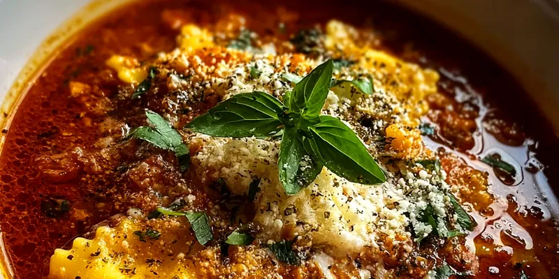 A steaming bowl of lasagna soup with melted cheese, Italian sausage, and fresh basil garnish, served alongside crusty bread