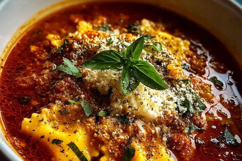 Ingredients for lasagna soup laid out on a marble counter: Italian sausage, crushed tomatoes, lasagna noodles, three types of cheese, and fresh herbs