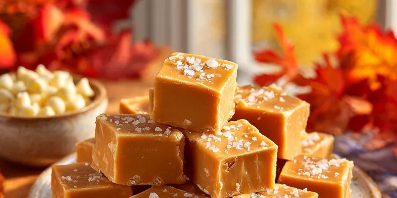 Golden salted caramel fudge squares stacked artfully on white ceramic platter with sea salt crystals visible on top, surrounded by autumn leaves on wooden surface with warm natural lighting