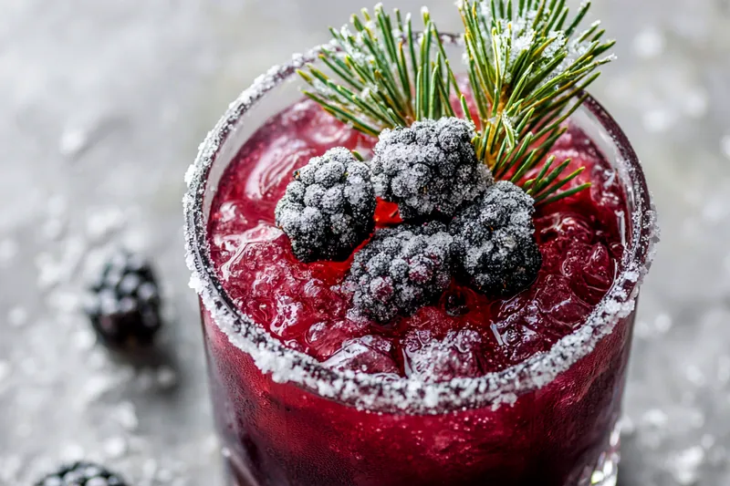 Ingredients for blackberry margarita arranged on white marble including fresh blackberries in a bowl, lime cut in half, bottle of silver tequila, Cointreau, measuring jigger, white sugar in small dish, and fresh rosemary sprigs