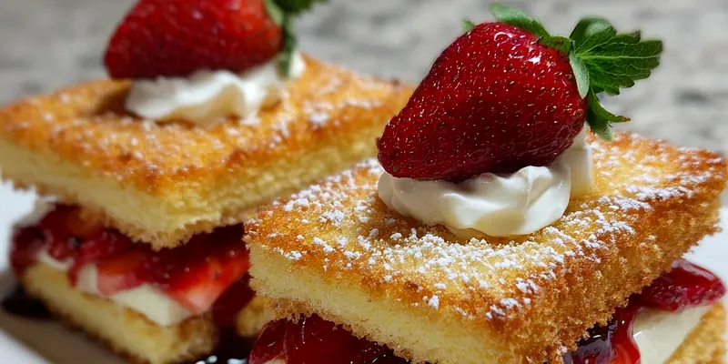 Golden brown fried strawberry cheesecake sandwiches stacked on white plate, dusted with powdered sugar, with fresh strawberries and cream cheese filling visible