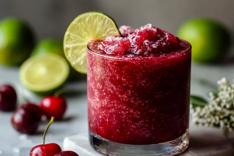 Blending ingredients for Frozen Cherry Lime Margarita.